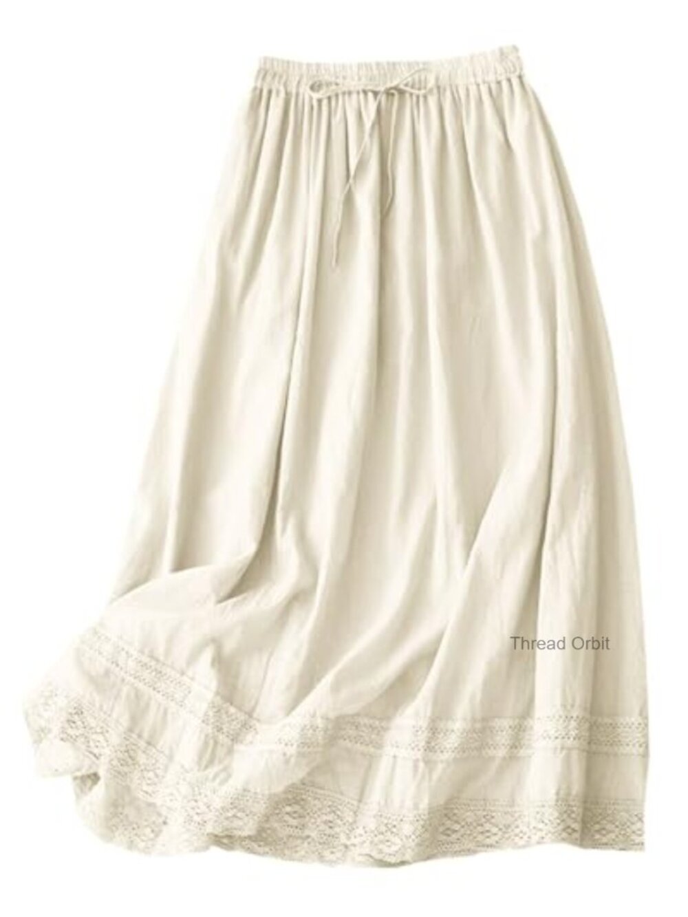 Cotton Linen Midi Skirt Flowy Boho Lace Trim A-Line with Drawstring